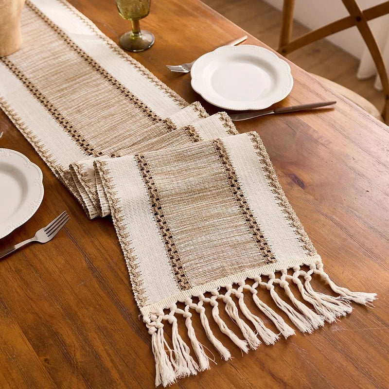 Bluejw Hot Sale Simple American Country Style Party Table Runner Decorative Cotton Dining Table Runner with Tassel - Image 2